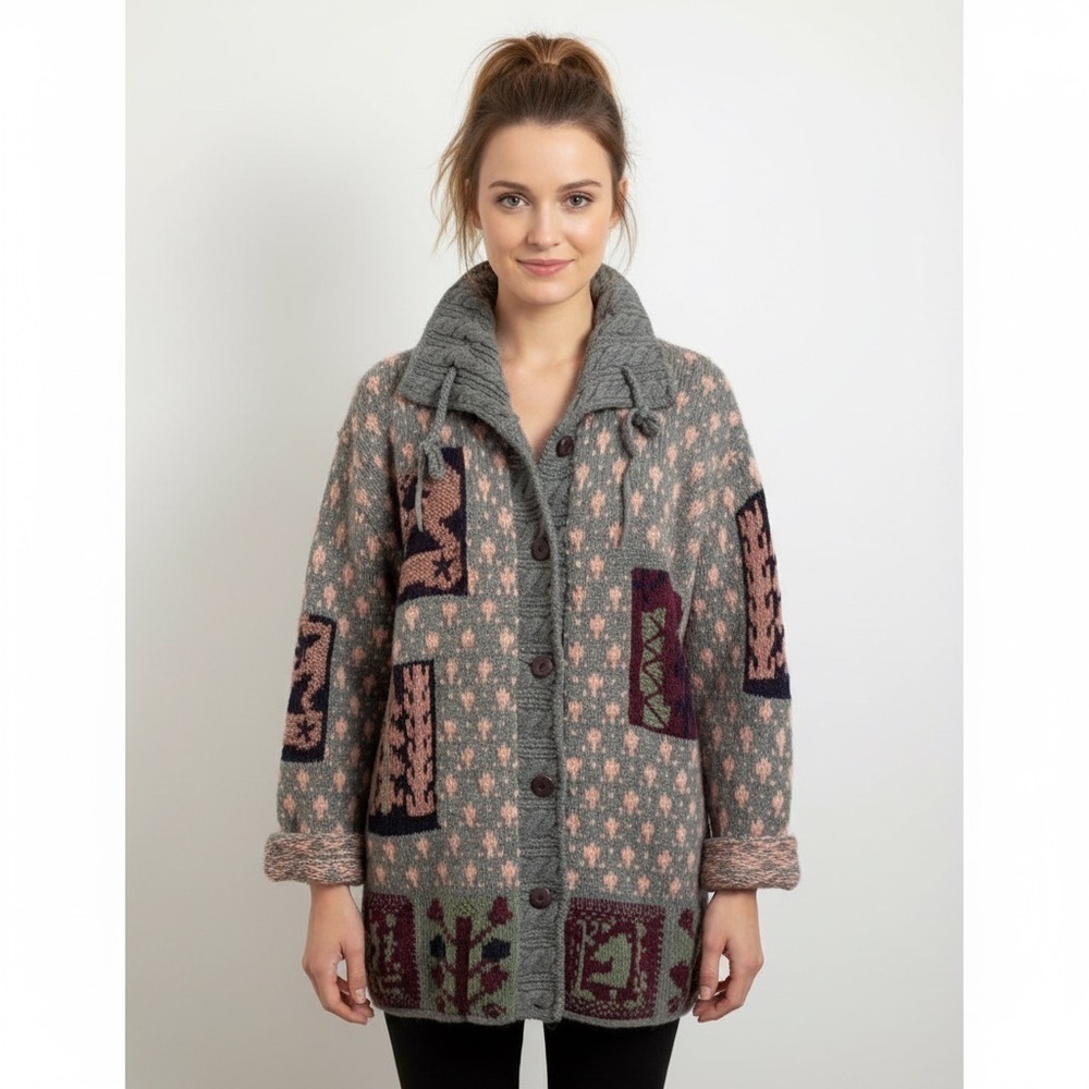 Cote-Rotie Gray Orange Patchwork Patterned Kidcore Cardigan Sweater - M/L